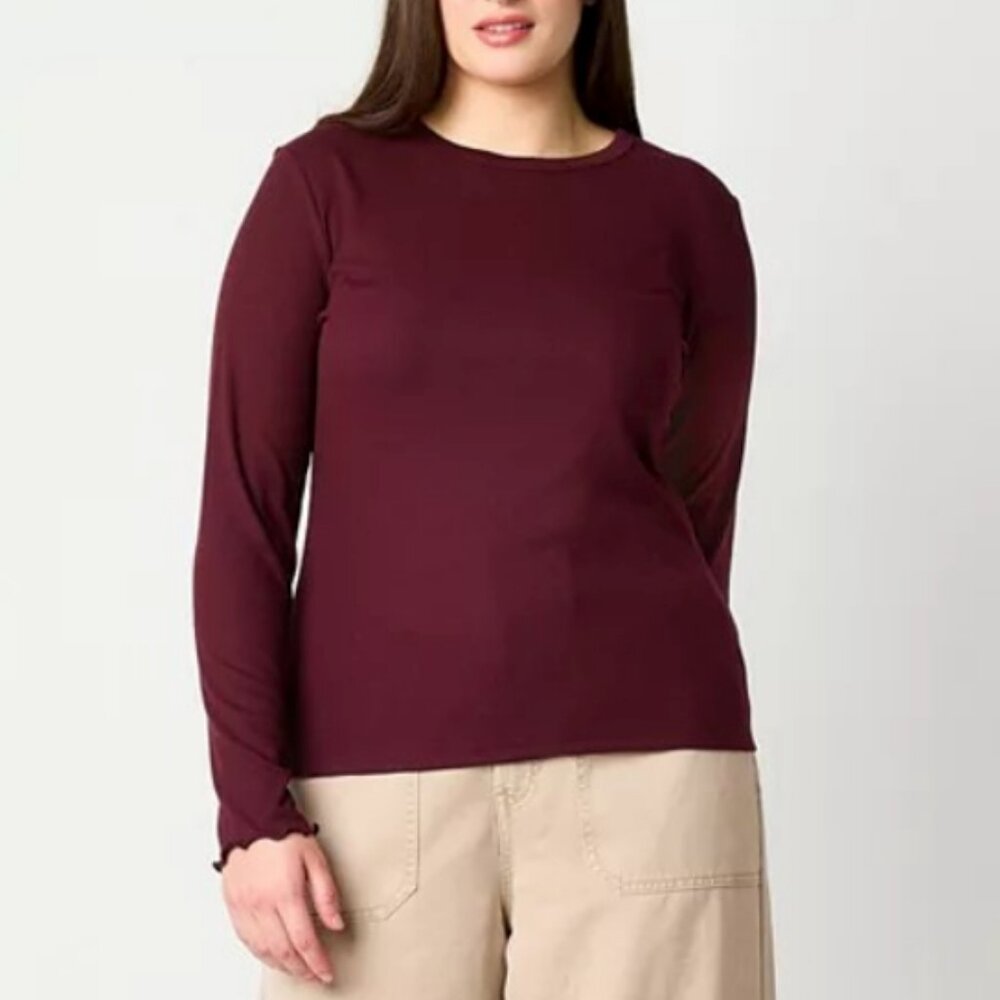 a.n.a Ribbed Womens Crew Neck Long Sleeve T-Shirt, Wine Sz XS